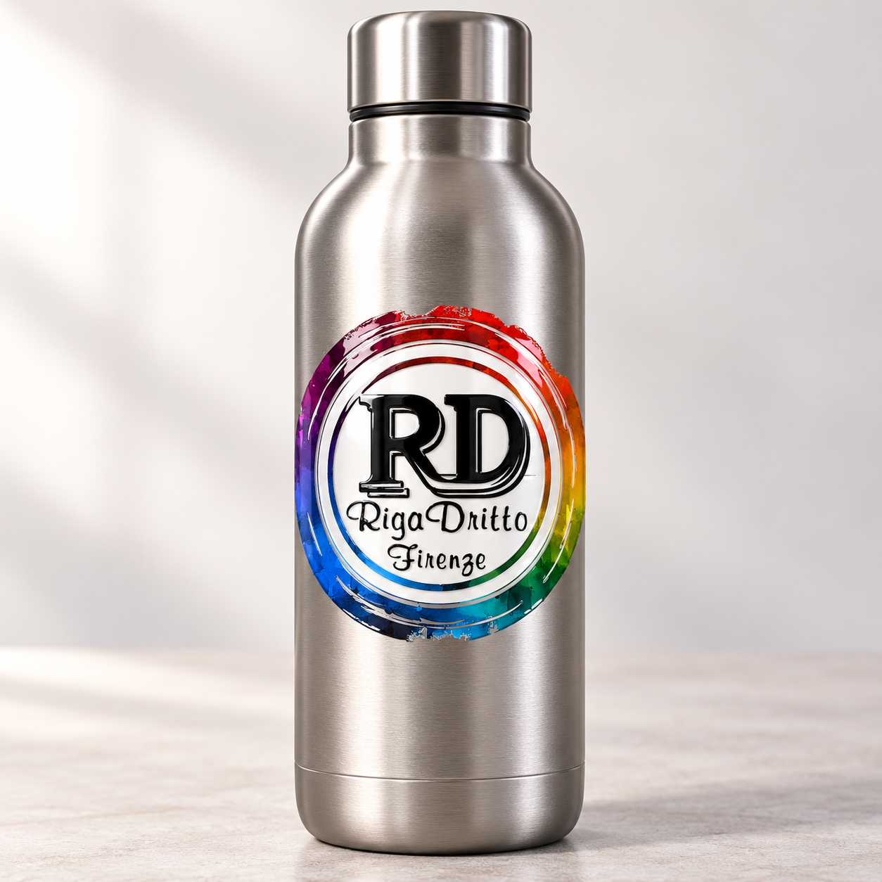 Mockup illustrativo di borraccia in metallo con logo Riga Dritto in DTF UV