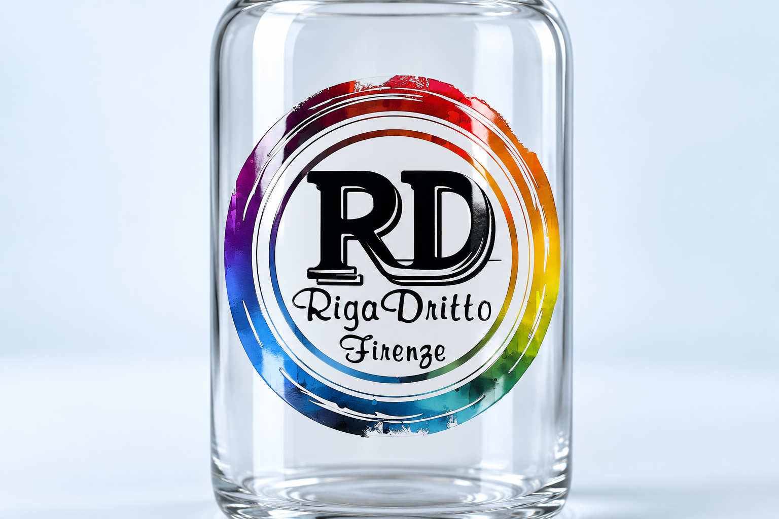 Esempio illustrativo di logo Riga Dritto applicato con transfer DTF UV su vetro