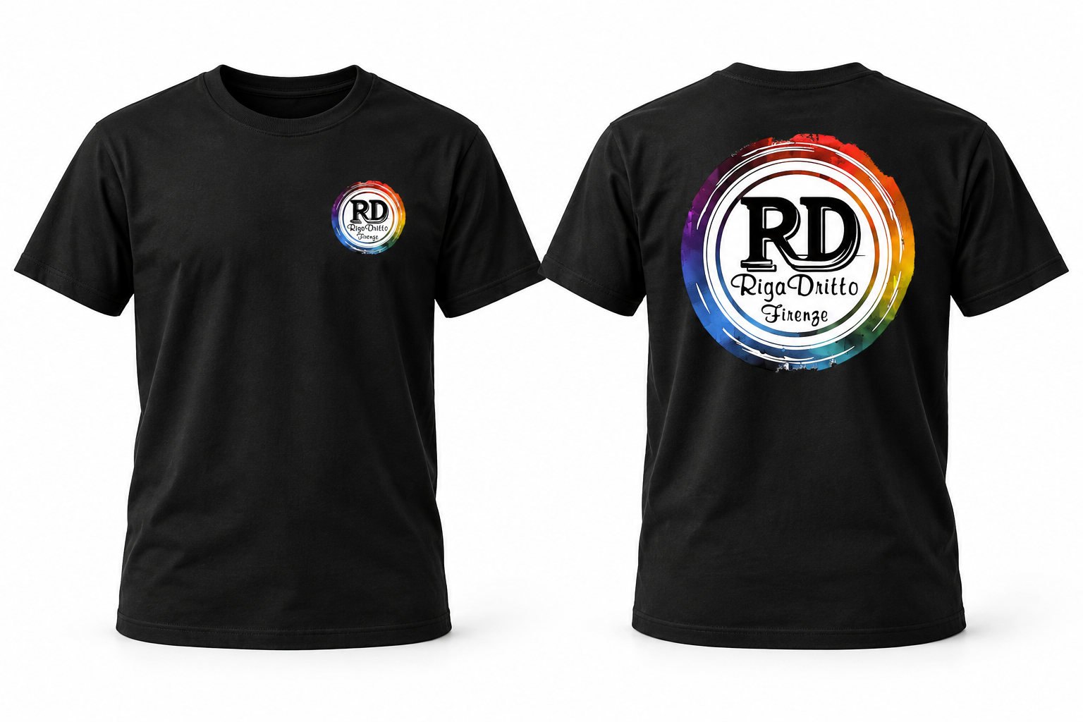 Mockup illustrativo di t-shirt nera con logo Riga Dritto fronte e retro